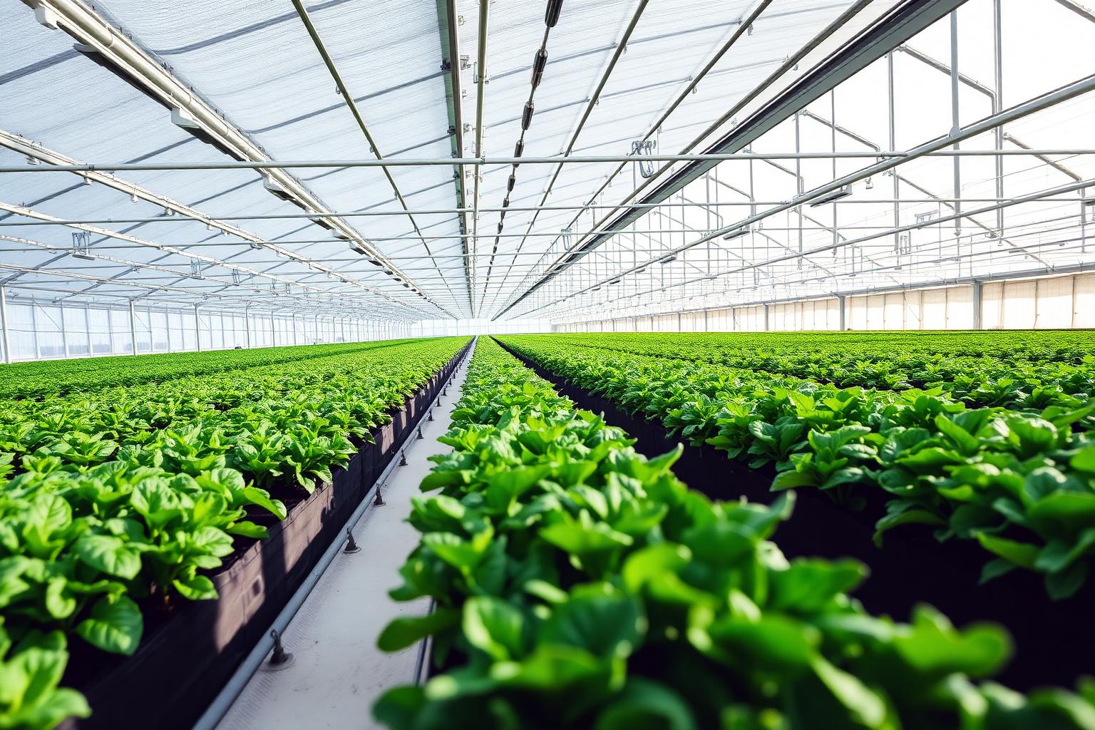 Modern kas met rijen verse groene gewassen